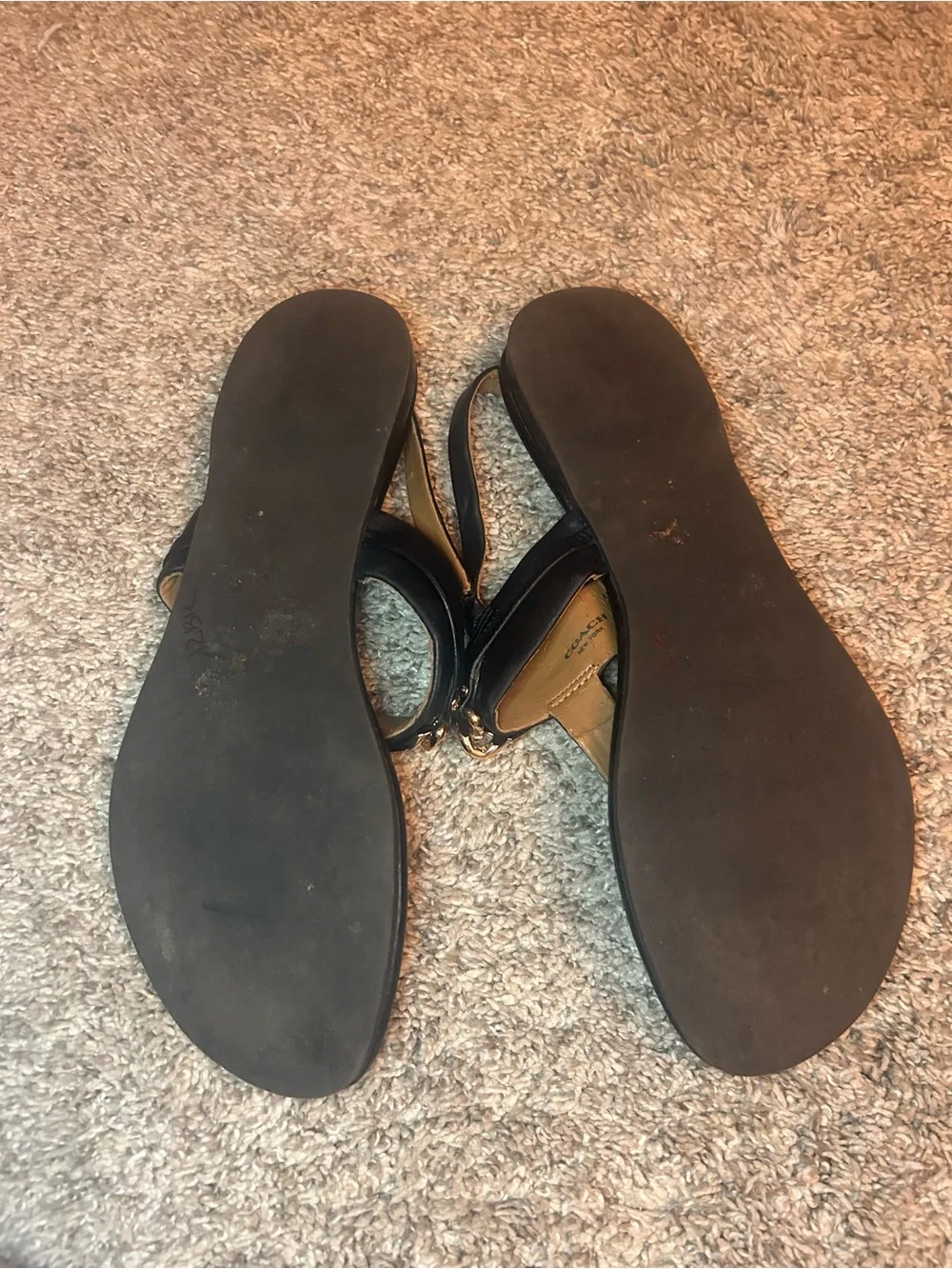 Coach Classic Black Leather T-Strap Sandals with Gold Hardware